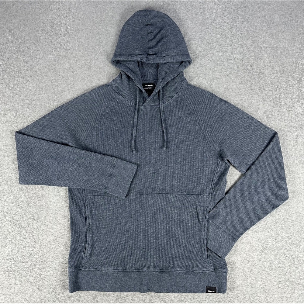 Prana Hoodie Mens Medium Blue Touchstone Waffle Knit Organic Cotton Minimalist